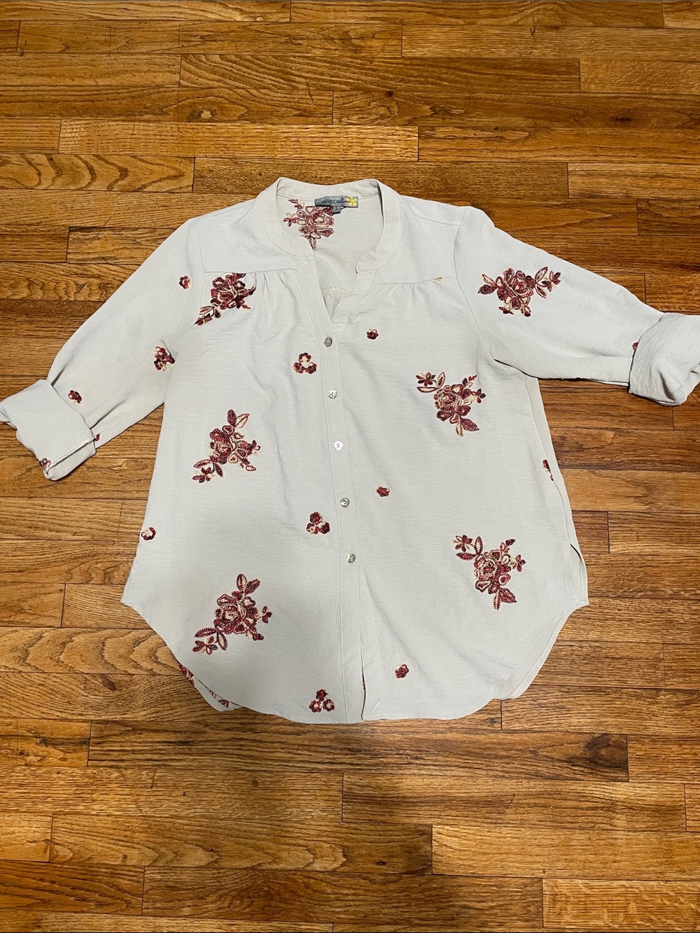 Cream Floral Button-Up Blouse with Burgundy Print